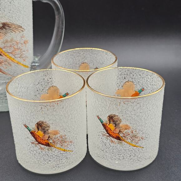 Vintage Pebble Rock Martini Pitcher Set Pheasant Gold Rim 6 Glasses Stirrer 50s - Picture 4 of 9
